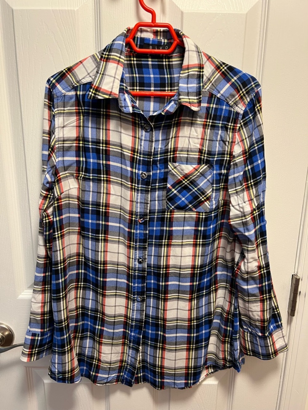 BLVD Blue, Black, White Plaid Shirt with Yellow Accents